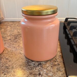 Gold-Lidded Pink Ceramic Storage Jar